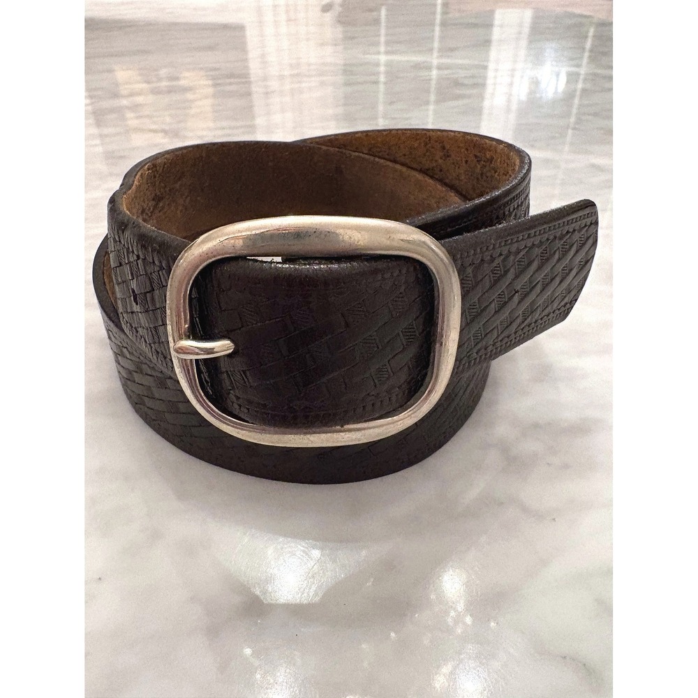 Y2K Black Embossed Leather Wide Belt Silver Buckle Unisex 32-36 Boho